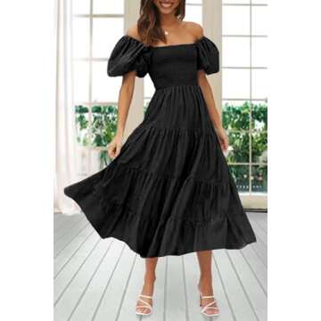 GOLDSTITCH Women's Smocked Maxi Dress Square Neck Ruffle Hem Puffy Short Sleeve Flowy Midi Dress Black