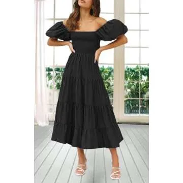 GOLDSTITCH Women's Smocked Maxi Dress Square Neck Ruffle Hem Puffy Short Sleeve Flowy Midi Dress Black