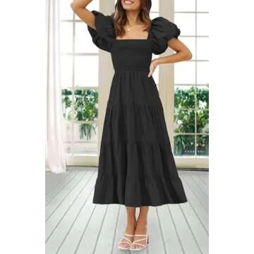 GOLDSTITCH Women's Smocked Maxi Dress Square Neck Ruffle Hem Puffy Short Sleeve Flowy Midi Dress Black