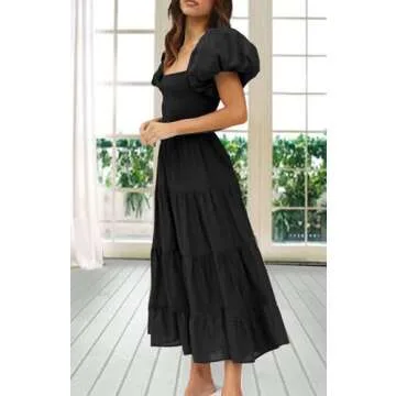 GOLDSTITCH Women's Smocked Maxi Dress Square Neck Ruffle Hem Puffy Short Sleeve Flowy Midi Dress Black