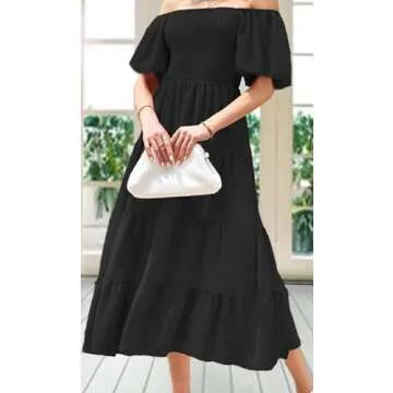 GOLDSTITCH Women's Smocked Maxi Dress Square Neck Ruffle Hem Puffy Short Sleeve Flowy Midi Dress Black