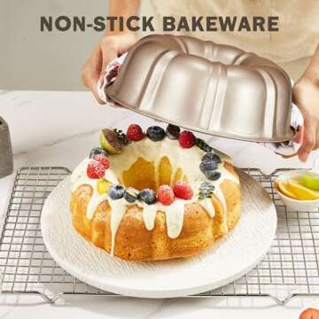 KITESSENSU 9 inch Non-Stick Cake Pans, 12 Cups Premium Fluted Cake Pans for baking, Heavy Duty Carbon Steel Tube Pan Baking Mold, Champagne Gold