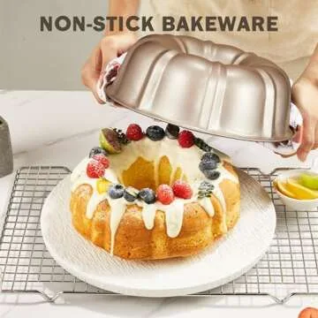 KITESSENSU 9 inch Non-Stick Cake Pans, 12 Cups Premium Fluted Cake Pans for baking, Heavy Duty Carbon Steel Tube Pan Baking Mold, Champagne Gold