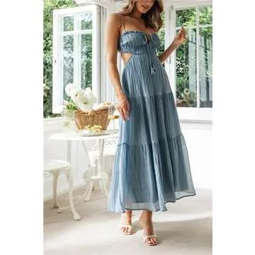 Women Summer Casual Maxi Dress Boho Dress Sleevelss Tie up Flowy Dress Cutout Long Dress Vacation Be...