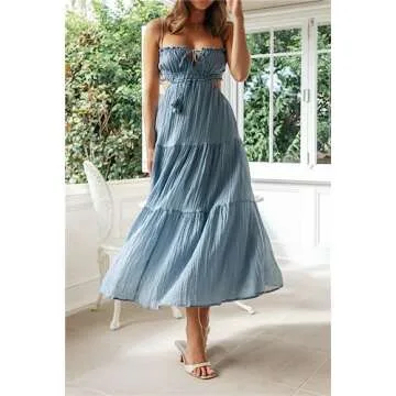 Women Summer Casual Maxi Dress Boho Dress Sleevelss Tie up Flowy Dress Cutout Long Dress Vacation Beach Dress (Blue, S)