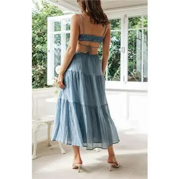 Women Summer Casual Maxi Dress Boho Dress Sleevelss Tie up Flowy Dress Cutout Long Dress Vacation Beach Dress (Blue, S)