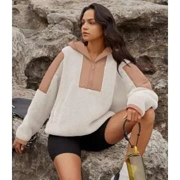 Yanekop Womens Fuzzy Fleece Hoodie Sherpa Sweatshirt Quarter Zip Pullover Long Sleeve Outerwear with Pockets(Beige,S)