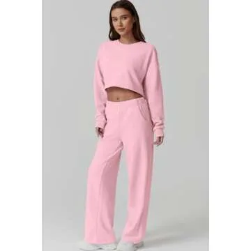 QINSEN Womens Two Piece Outfits Open Back Cross Layer Long Sleeve Sweatshirt Long Pants Sweatsuit Set Pink S