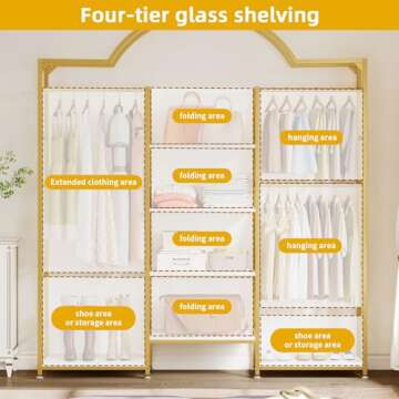 DWVO Heavy Duty Clothes Rack with Storage Shelves, Closet Organizer System for Hanging Clothes, 4-Tier Garment Rack Wardrobe with 3 Hanging Rods and 6 Shelves, Gold