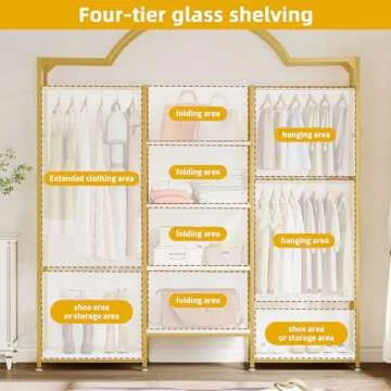 DWVO Heavy Duty Clothes Rack with Storage Shelves, Closet Organizer System for Hanging Clothes, 4-Tier Garment Rack Wardrobe with 3 Hanging Rods and 6 Shelves, Gold