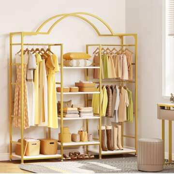 DWVO Heavy Duty Clothes Rack with Storage Shelves, Closet Organizer System for Hanging Clothes, 4-Tier Garment Rack Wardrobe with 3 Hanging Rods and 6 Shelves, Gold