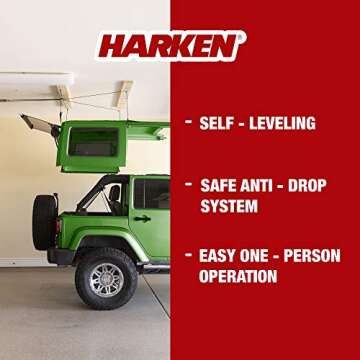 HARKEN - Hardtop Overhead Garage Storage Hoist for Jeep Wrangler and Ford Bronco, Self-Leveling, Saf...