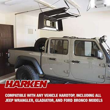 HARKEN - Hardtop Overhead Garage Storage Hoist for Jeep Wrangler and Ford Bronco, Self-Leveling, Safe Anti-Drop System, Easy One-Person Operation, Garage Organization