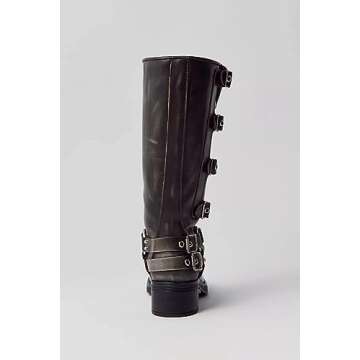 MissHeel Square Toe Wide Calf Knee High Cowboy Boots for Women Distressed Black Motorcycle Boots Low Heel Riding Boots Harness Size US 10