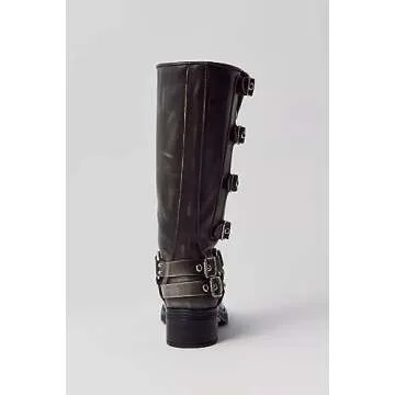 MissHeel Square Toe Wide Calf Knee High Cowboy Boots for Women Distressed Black Motorcycle Boots Low Heel Riding Boots Harness Size US 10