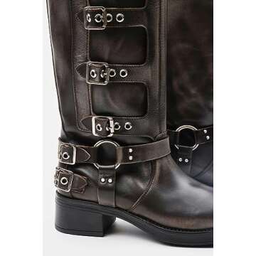 MissHeel Square Toe Wide Calf Knee High Cowboy Boots for Women Distressed Black Motorcycle Boots Low Heel Riding Boots Harness Size US 10