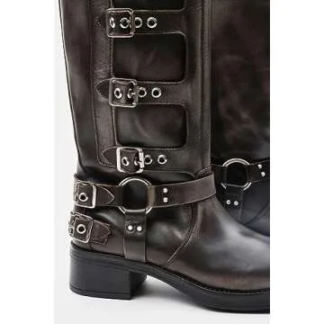 MissHeel Square Toe Wide Calf Knee High Cowboy Boots for Women Distressed Black Motorcycle Boots Low Heel Riding Boots Harness Size US 10