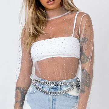 Women's Sexy See Through Shirts Mesh Tops Long Sleeve Turtleneck Neck Sheer Blouse D-White