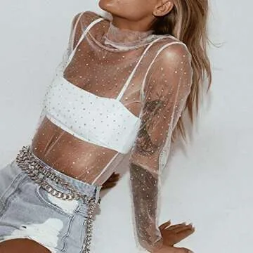 Stylish Women's See Through Mesh Top Long Sleeve Turtleneck