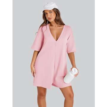 VAOYIU Womens Rompers for Summer Casual One Piece Jumpsuits Oversized Short Sleeve Hot Shot Tee Romper Athletic Workout(5-Pink-S)