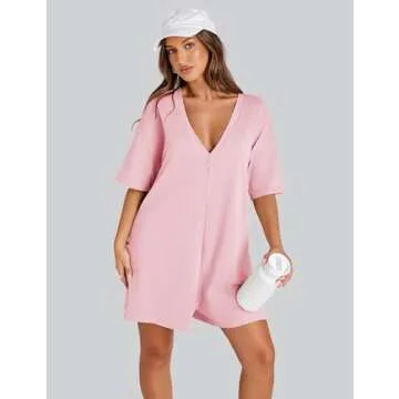 VAOYIU Womens Rompers for Summer Casual One Piece Jumpsuits Oversized Short Sleeve Hot Shot Tee Romper Athletic Workout(5-Pink-S)