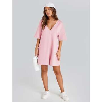 VAOYIU Womens Rompers for Summer Casual One Piece Jumpsuits Oversized Short Sleeve Hot Shot Tee Romper Athletic Workout(5-Pink-S)