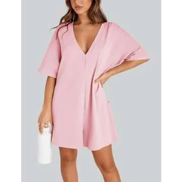 VAOYIU Womens Rompers for Summer Casual One Piece Jumpsuits Oversized Short Sleeve Hot Shot Tee Romper Athletic Workout(5-Pink-S)