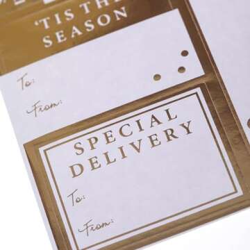 Graphique Shimmering White Gift Labels | 52 Self-Adhesive Christmas Stickers | 13 Designs with Gold Foil Accents | to and from Names | for Holiday Wrapping Paper & Gift Bags