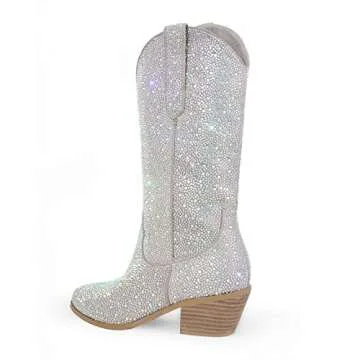 Sparkly Rhinestones Mid High Boots for Women, 2-Inch Heels