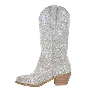 Sparkly Rhinestones Mid High Boots for Women, 2-Inch Heels