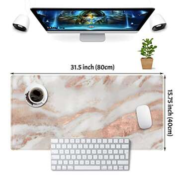 Rose Gold Marble Desk Mat Cute Desk Decor Mouse Pad, Abstraction Metallic Luxury Large Gaming Mousep...