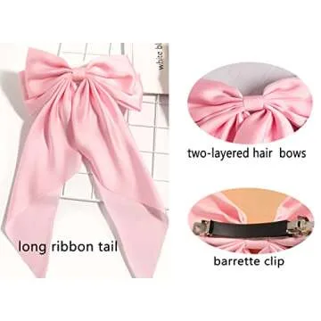 Hair Bows for Women - Furling Pompoms Large Satin Silky Bow Clips for Hair - Hair Ribbon Bows with Long Tail - Hair Barrettes Hair Accessories (Black Pink)