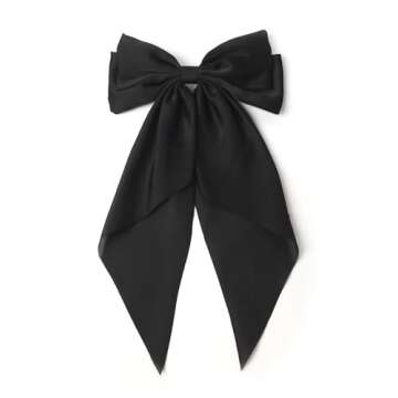 Hair Bows for Women - Furling Pompoms Large Satin Silky Bow Clips for Hair - Hair Ribbon Bows with Long Tail - Hair Barrettes Hair Accessories (Black Pink)