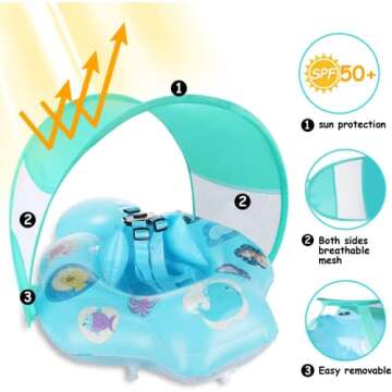 Baby Pool Float, Baby Swim Floats for Pool 6-24 Months with Removable UPF 50+ Sun Protection Canopy, Soft Waterproof Skin-Friendly Material Infant Toddler Inflatable Swimming Ring Floats-Blue