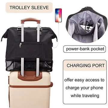 MINKARS Weekender Bag with Shoe Compartment Travel Tote Overnight Bag, Black Personal Item - 17 Inch