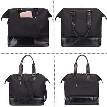 MINKARS Weekender Bag with Shoe Compartment Travel Tote Overnight Bag, Black Personal Item - 17 Inch