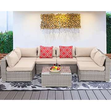 Furnimy Patio Furniture Sets Outdoor Sectional PE Rattan Outdoor Furniture Patio Conversation Set with Cushions for Balcony Lawn and Garden (Gray Brown, 7 pcs w/Table)