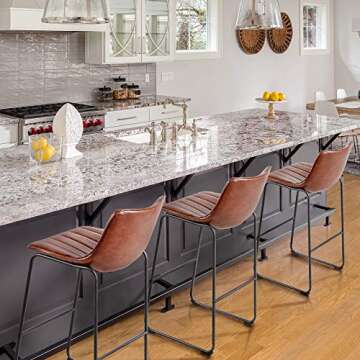 Yaheetech Bar Stools 30'' Height Fashionable Pub Stool Chairs PU Leather Chairs with Backrest Furnished Settle Industrial Armless Stools Home Kitchen Bar Metal Legs Set of 4, Brown