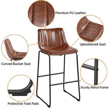 Yaheetech Bar Stools 30'' Height Fashionable Pub Stool Chairs PU Leather Chairs with Backrest Furnished Settle Industrial Armless Stools Home Kitchen Bar Metal Legs Set of 4, Brown
