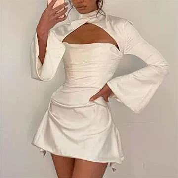 Women Sexy Halter Cutout Dress Trendy Long Sleeve Bodycon Low Cut Ruched Tie Up Print Mini Dress Party Cocktail Clubwear