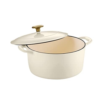 Tramontina Enameled Cast Iron Dutch Oven Pot with Lid, Round 5.5-quart, Latte with Gold Knob