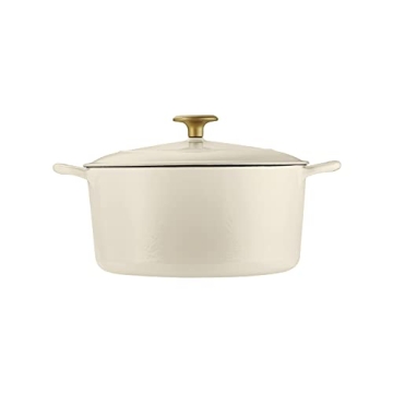 Tramontina Enameled Cast Iron Dutch Oven Pot with Lid, Round 5.5-quart, Latte with Gold Knob