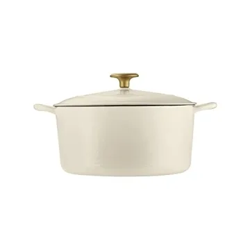 Tramontina Enameled Cast Iron Dutch Oven Pot with Lid, Round 5.5-quart, Latte with Gold Knob