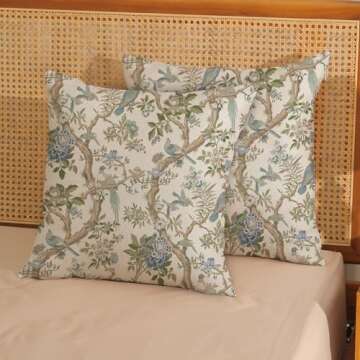 Chinoiserie Pillow Covers 18x18 Set of 2 Blue Green Bird Floral Throw Pillows Vintage Blue Flowers D...