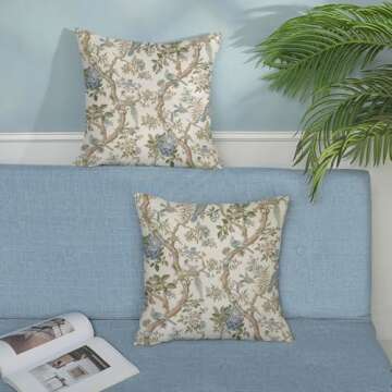 Chinoiserie Pillow Covers 18x18 Set of 2 Blue Green Bird Floral Throw Pillows Vintage Blue Flowers Decorations Outdoor Pillowcase Chinoiserie Decor Farmhouse Linen Cushion Case for Couch Home