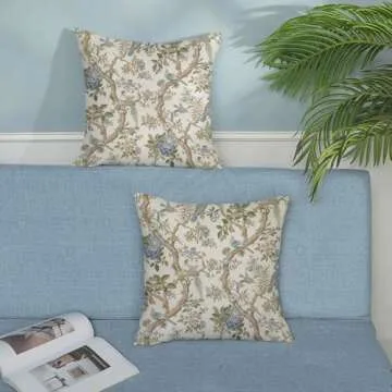 Chinoiserie Pillow Covers 18x18 Set of 2 Blue Green Bird Floral Throw Pillows Vintage Blue Flowers Decorations Outdoor Pillowcase Chinoiserie Decor Farmhouse Linen Cushion Case for Couch Home