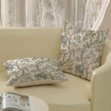 Chinoiserie Pillow Covers 18x18 Set of 2 Blue Green Bird Floral Throw Pillows Vintage Blue Flowers Decorations Outdoor Pillowcase Chinoiserie Decor Farmhouse Linen Cushion Case for Couch Home