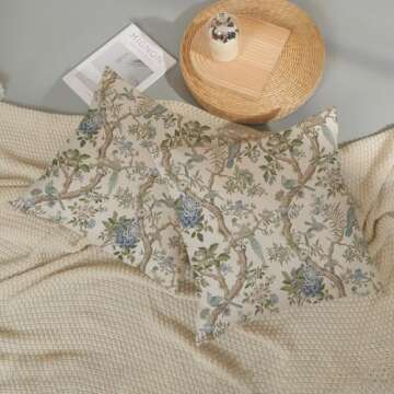 Chinoiserie Pillow Covers 18x18 Set of 2 Blue Green Bird Floral Throw Pillows Vintage Blue Flowers Decorations Outdoor Pillowcase Chinoiserie Decor Farmhouse Linen Cushion Case for Couch Home