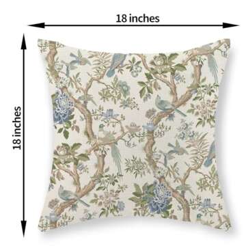 Chinoiserie Pillow Covers 18x18 Set of 2 Blue Green Bird Floral Throw Pillows Vintage Blue Flowers Decorations Outdoor Pillowcase Chinoiserie Decor Farmhouse Linen Cushion Case for Couch Home