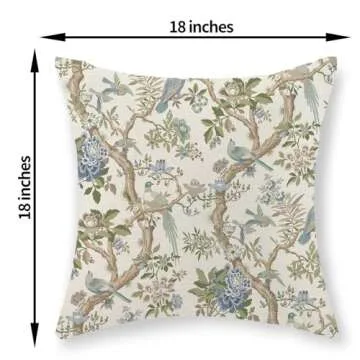Chinoiserie Pillow Covers 18x18 Set of 2 Blue Green Bird Floral Throw Pillows Vintage Blue Flowers Decorations Outdoor Pillowcase Chinoiserie Decor Farmhouse Linen Cushion Case for Couch Home
